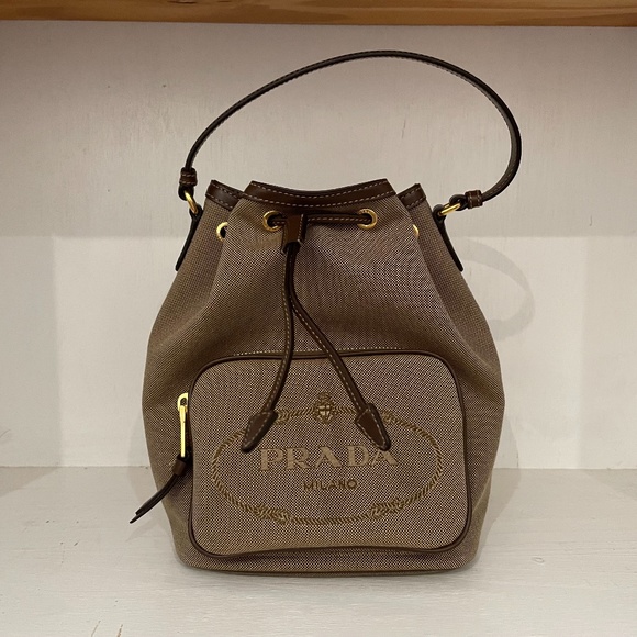 Prada Logo Drawstring Canvas Bucket Bag - Picture 1 of 8